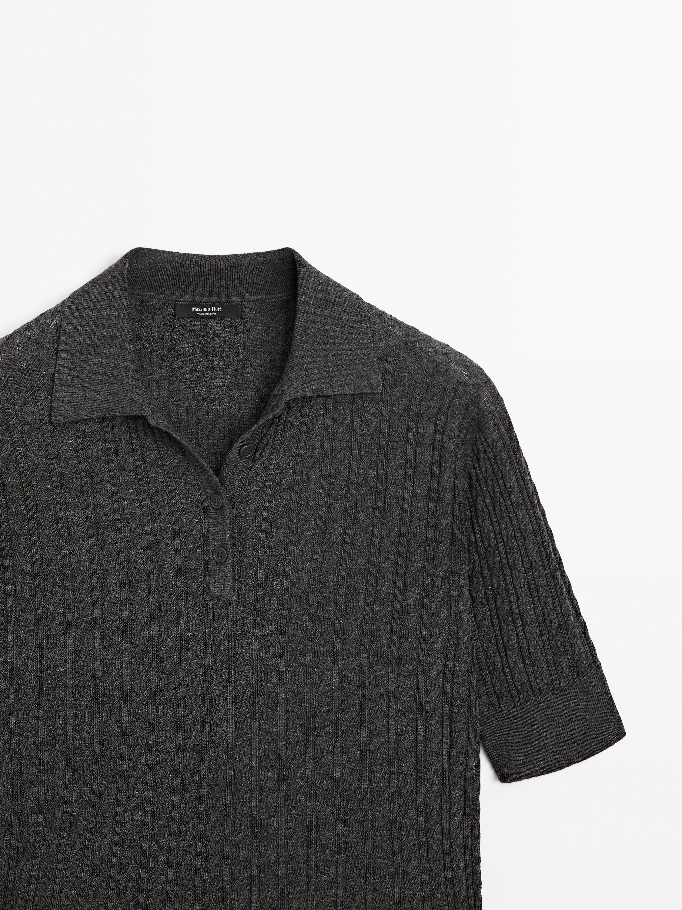 Wool blend cable-knit polo shirt